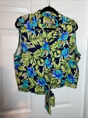Vintage Sunset Cove Hawaiian sleeveless button up tie-front blouse Size XL